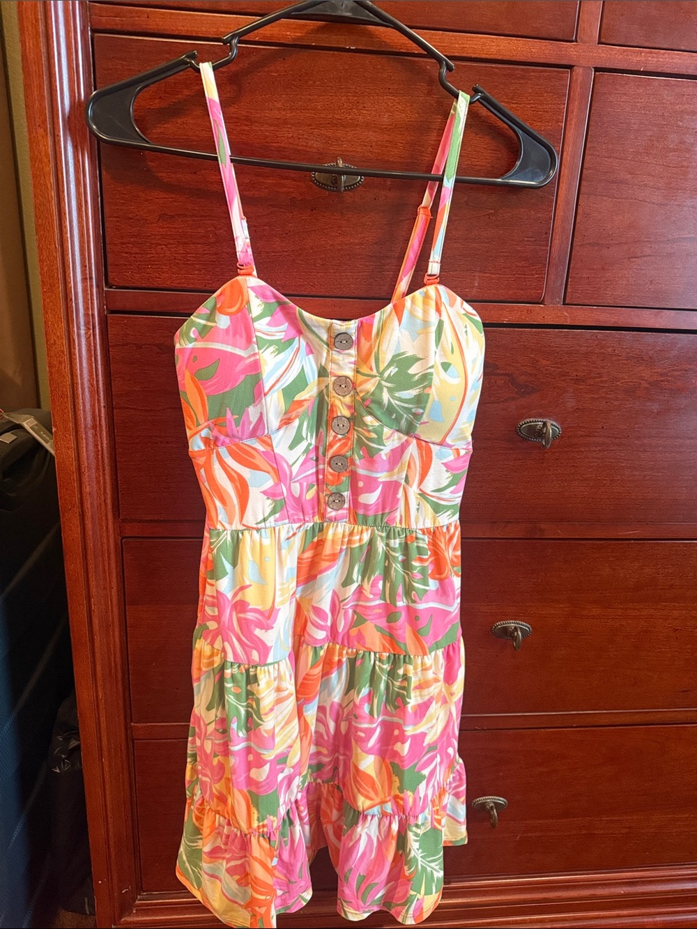 No Boundaries Tropical Floral Pink Orange Green Sundress